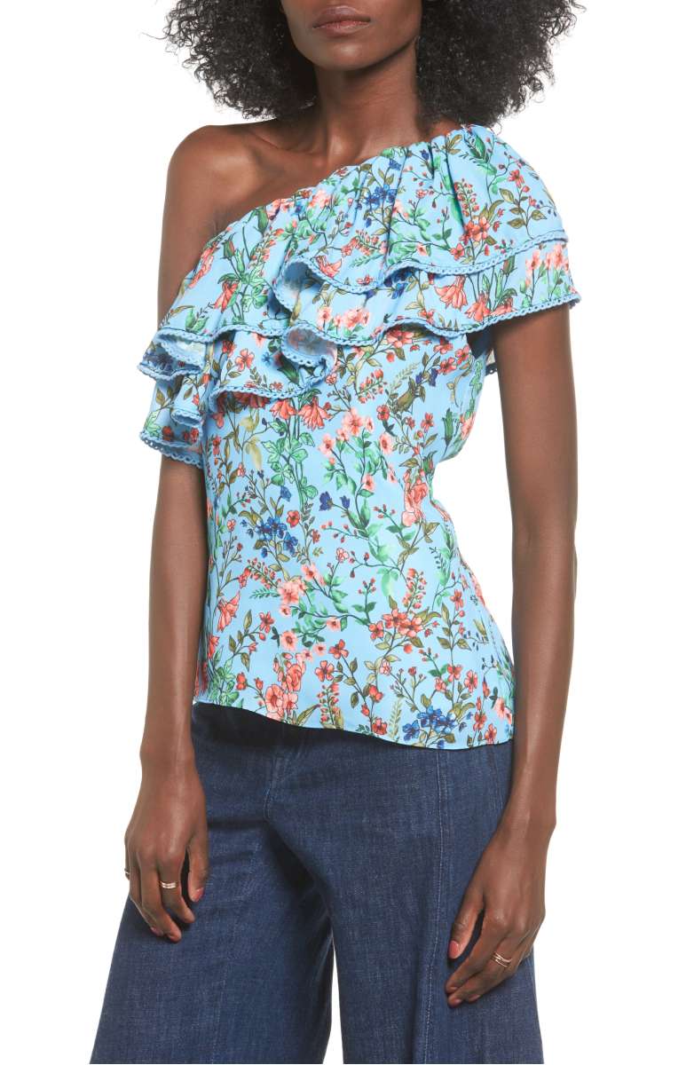 DEVLIN Vicky One-Shoulder Blouse Powder Blue Rosebuds one shoulder tops summer 2017