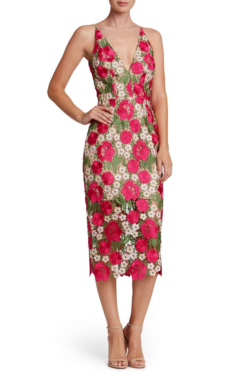 DRESS THE POPULATION Aurora Floral Crochet Midi Dress Fuchsia Green Floral fall wedding guests 