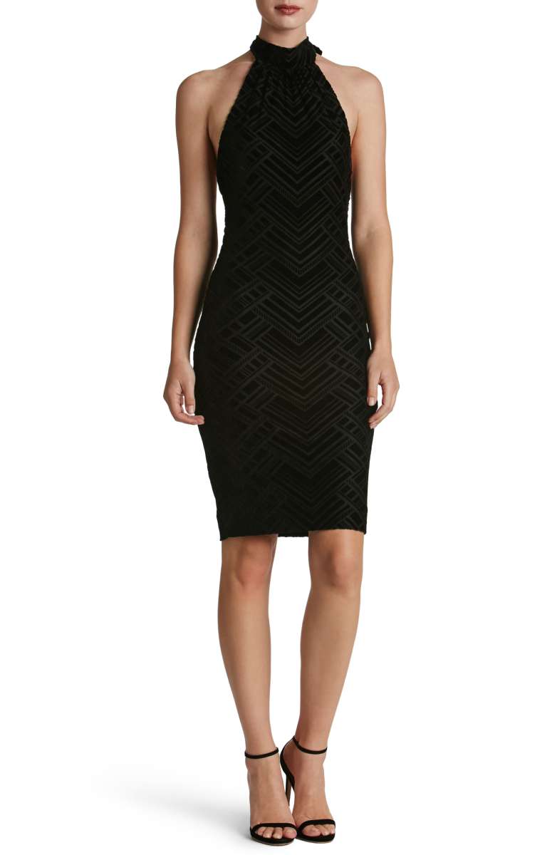 DRESS THE POPULATION Avery Geometric Burnout Velvet Halter Dress Black fall wedding guests