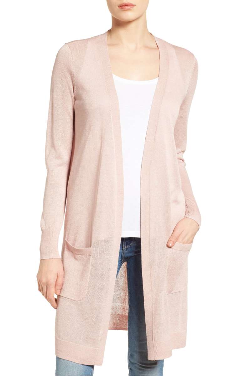 Halogen Long Linen Blend Cardigan Pink Smoke lightweight cardigans fall