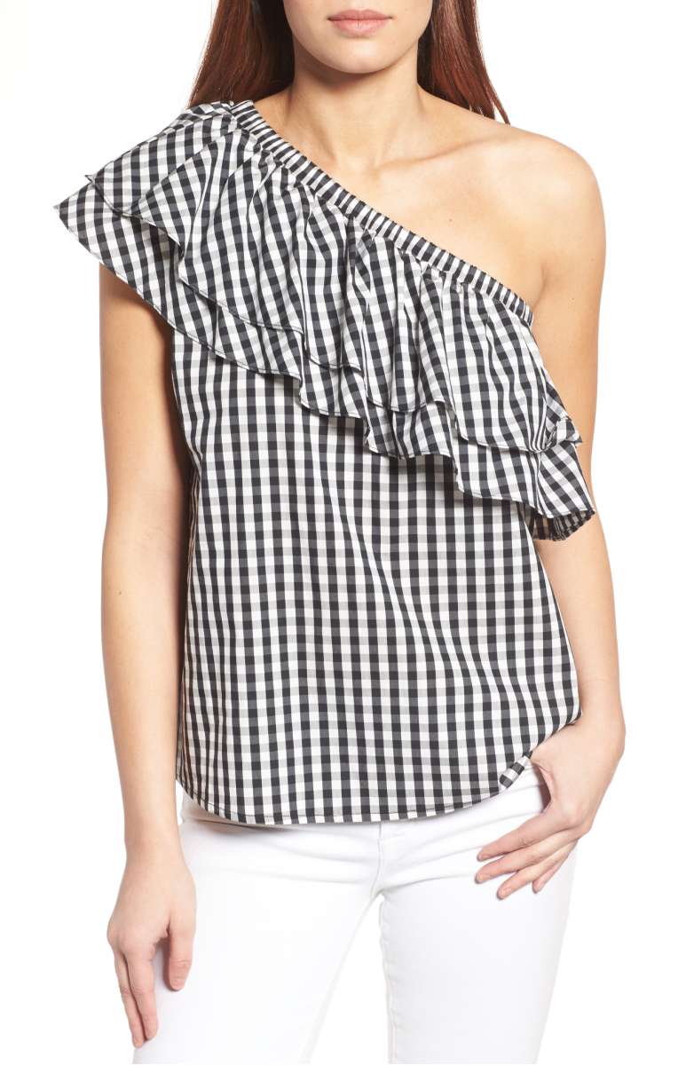 Halogen One-Shoulder Cotton Poplin Top Black White Gingham Check one shoulder tops summer 2017
