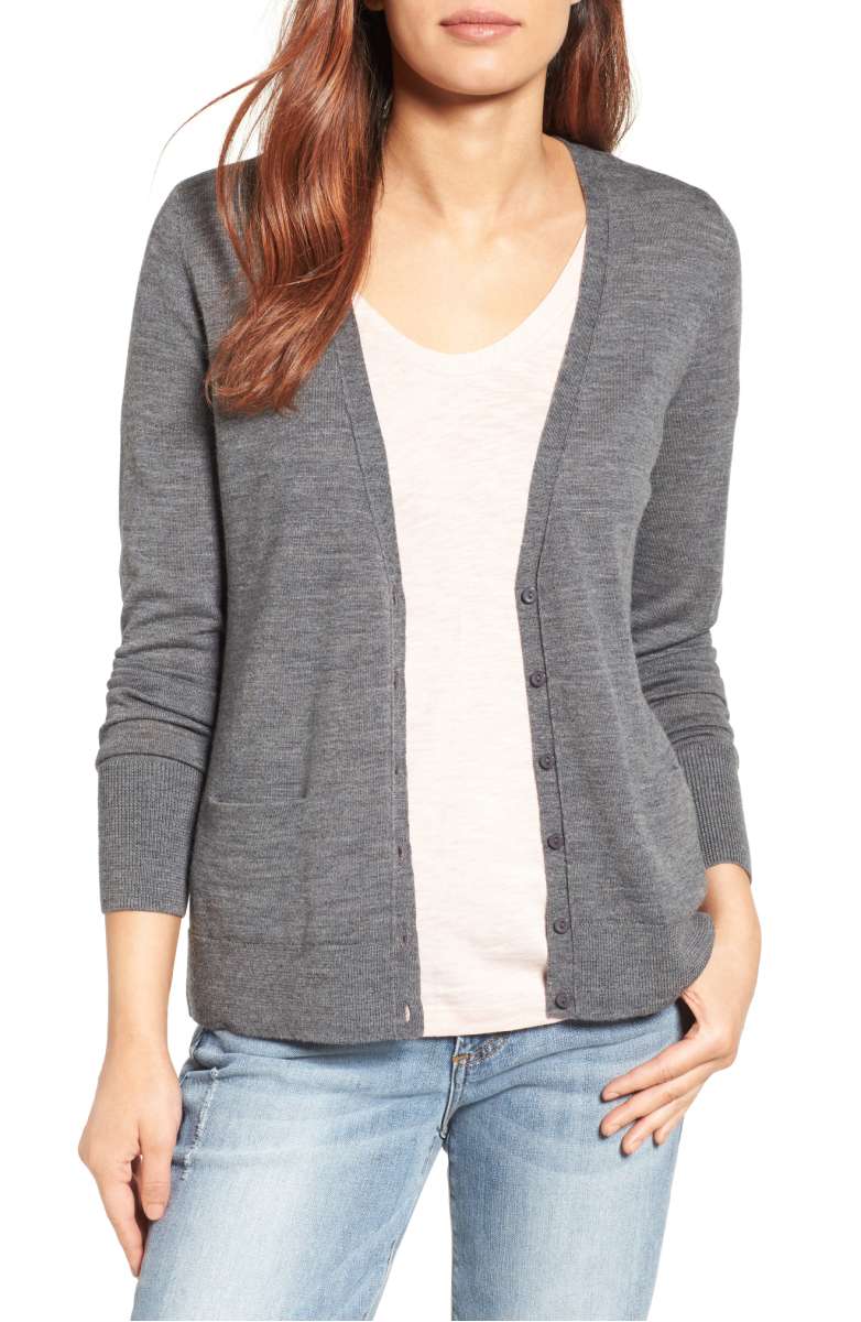 Halogen V-Neck Merino Wool Cardigan Heather Dark Grey lightweight cardigans fall 2017