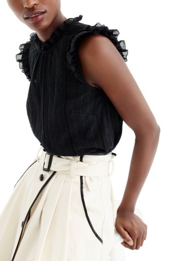 J.Crew Eyelet ruffle mock neck top item G7483 black j.crew labor day sale