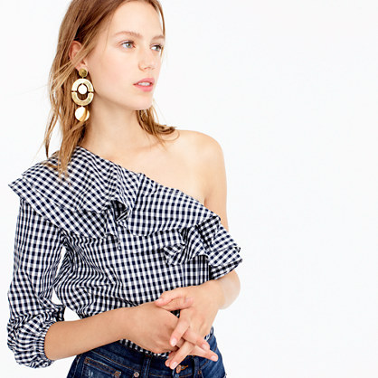 J.Crew Gingham one-shoulder ruffle top item H0857 classic navy blue j.crew labor day sale