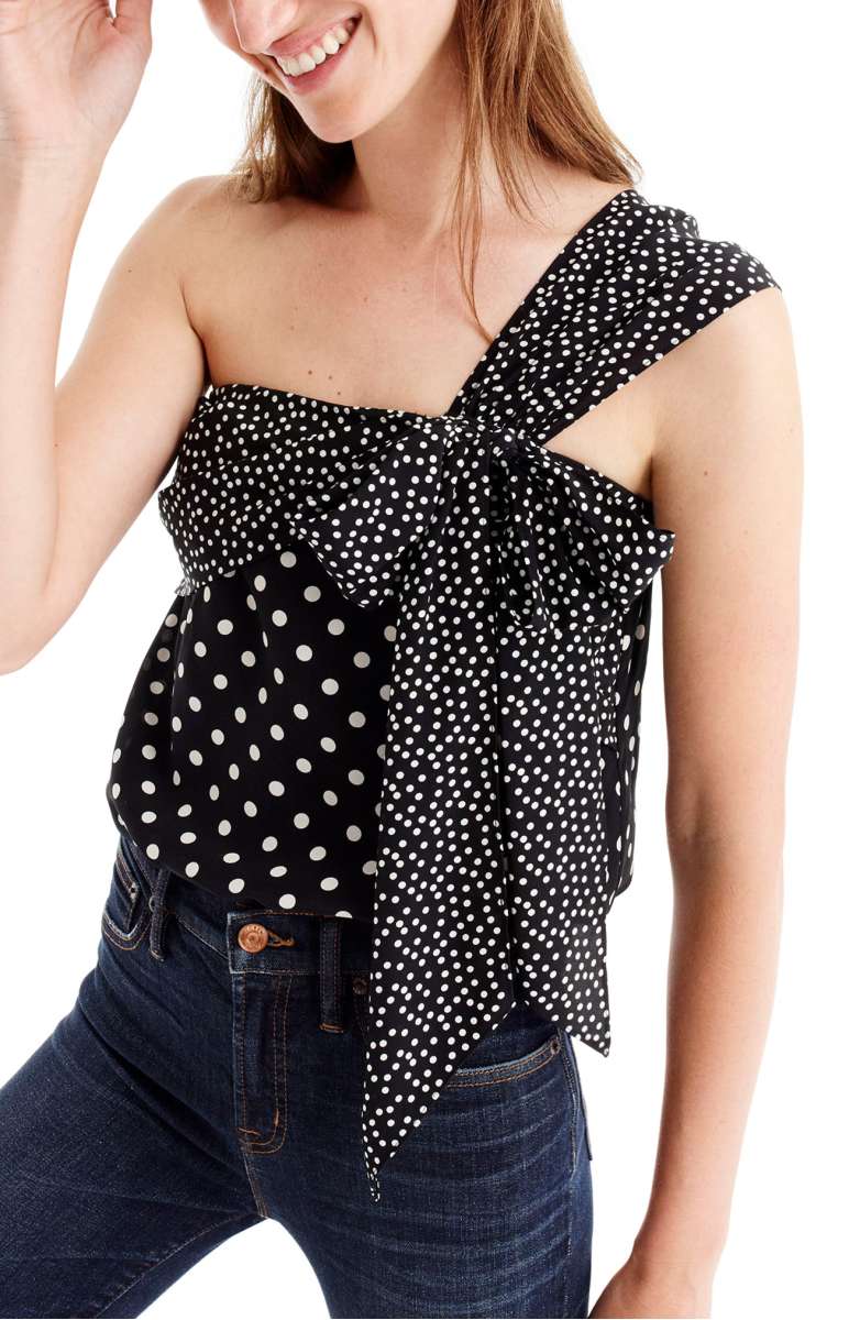 J.Crew Polka Dot Silk One-Shoulder Bow Top Black Ivory one shoulder tops summer 2017