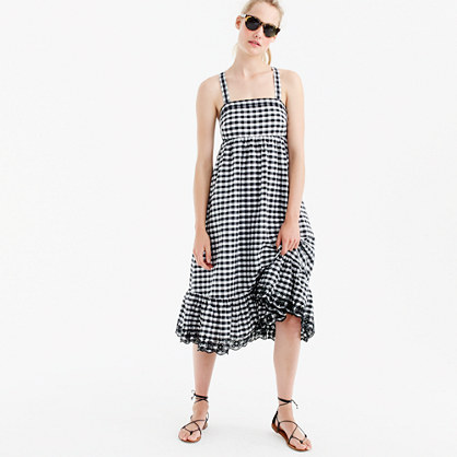 J.Crew Puckered gingham dress with eyelet trim item G6737 black j.crew labor day sale