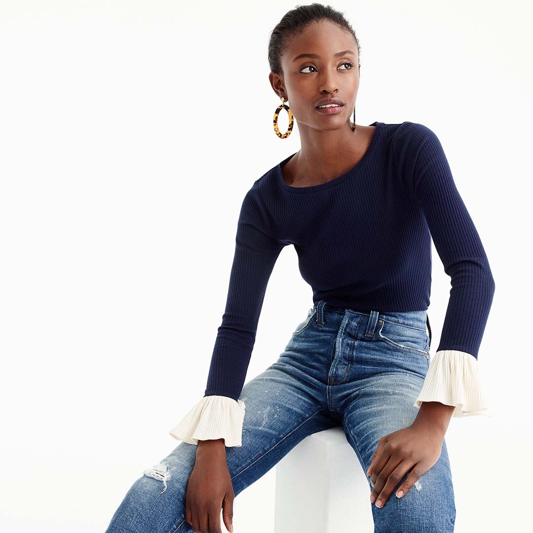 J.Crew Ribbed bell-sleeve top item H0730 Navy Natural j.crew labor day sale