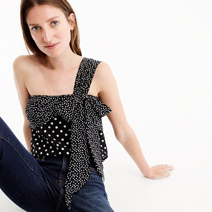 J.Crew Silk one-shoulder bow top in polka dot black ivory j.crew labor day sale