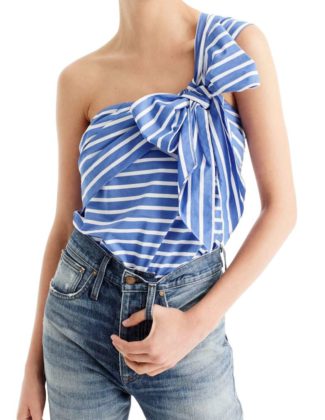 J.Crew Stripe Cotton One-Shoulder Bow Top White Blue one shoulder tops summer 2017