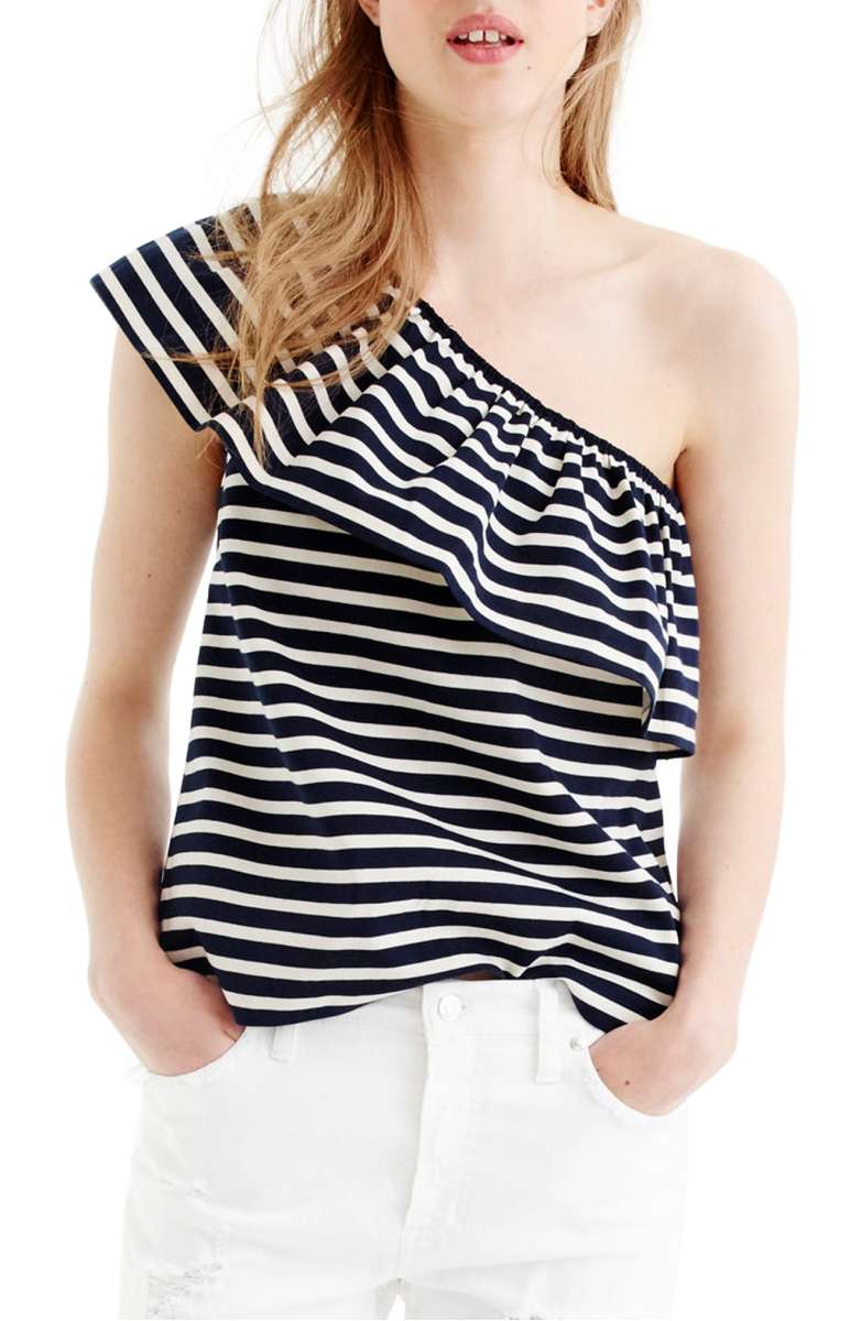 J.Crew Stripe One-Shoulder Top Navy Muslin nordstrom one shoulder tops summer 2017