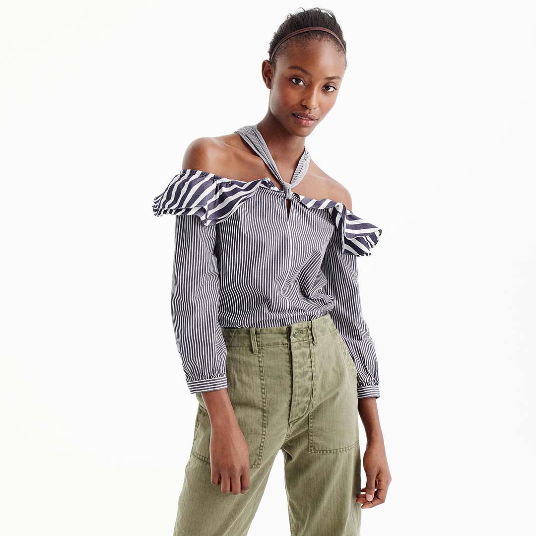 J.Crew Striped off-the-shoulder tie-neck top item H0853 j.crew labor day sale 