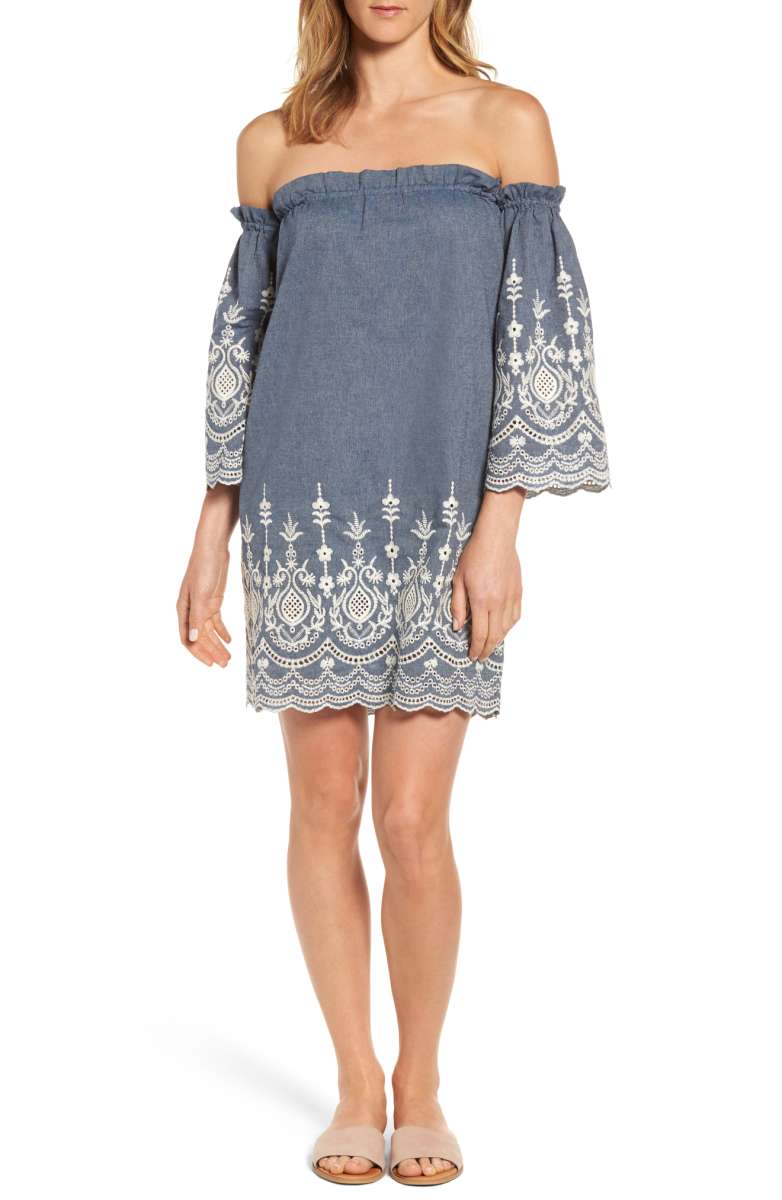 KAS NEW YORK Off the Shoulder Chambray Dress Multi Embroidered Eyelet embroidered sundresses summer 2017