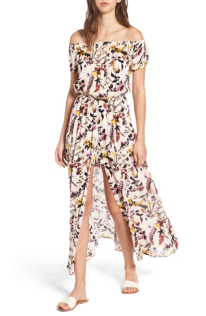 LOVE, FIRE Floral Print Off the Shoulder Maxi Romper Sand Floral off the shoulder rompers summer fall 2017