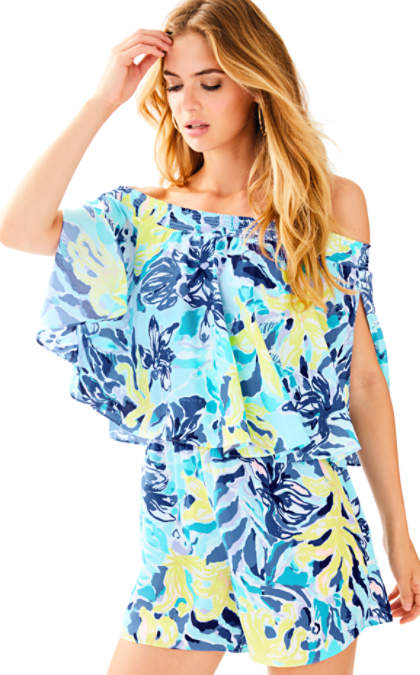 Lilly Pulitzer ARBELLE OFF THE SHOULDER ROMPER Indigo Ylang Ylang Love