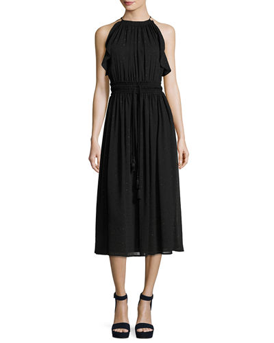 MICHAEL Michael Kors Dotted Chiffon Halter Tassel Dress Black halter dresses fall wedding guests 