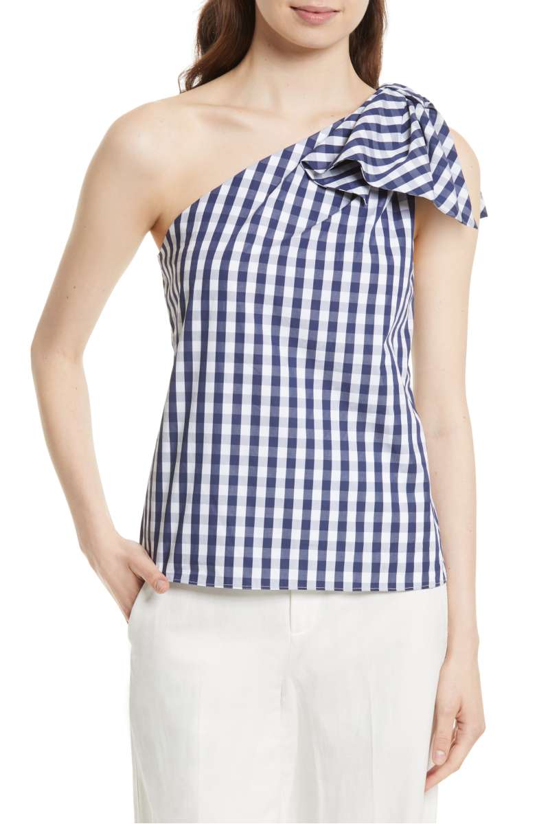 MILLY Cindy One Shoulder Gingham Top Navy one shoulder tops summer 2017