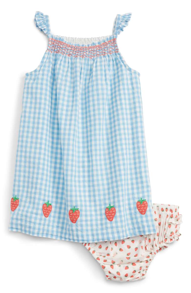 MINI BODEN Summer Smocked Dress Light Blue Sky Gingham Strawberries baby girls dresses under 50 dollars nordstrom
