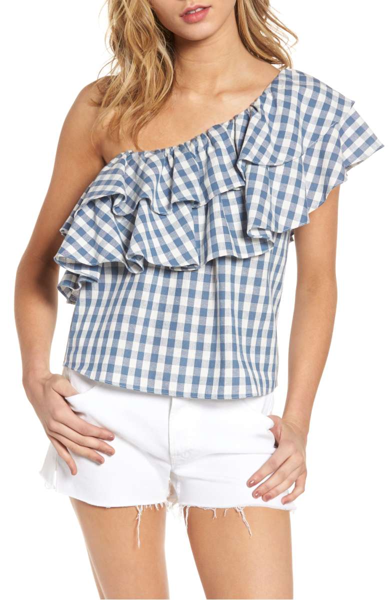 MISA LOS ANGELES Agus Plaid One-Shoulder Top Blue gingham checks one shoulder tops summer 2017
