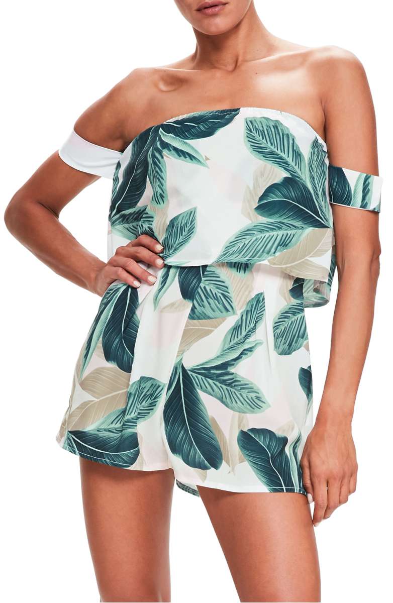 MISSGUIDED Print Off the Shoulder Romper White Palm off the shoulder rompers