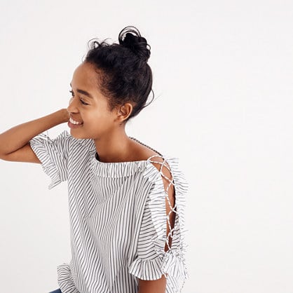 Madewell ruffled lace-up top in stripe item g7352 smoked graphite madewell insiders sale