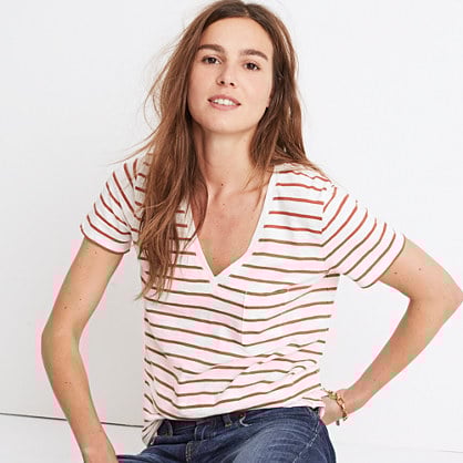 Madewell whisper cotton v-neck pocket tee in abilene stripe item g5741 burnt ember madewell insiders sale
