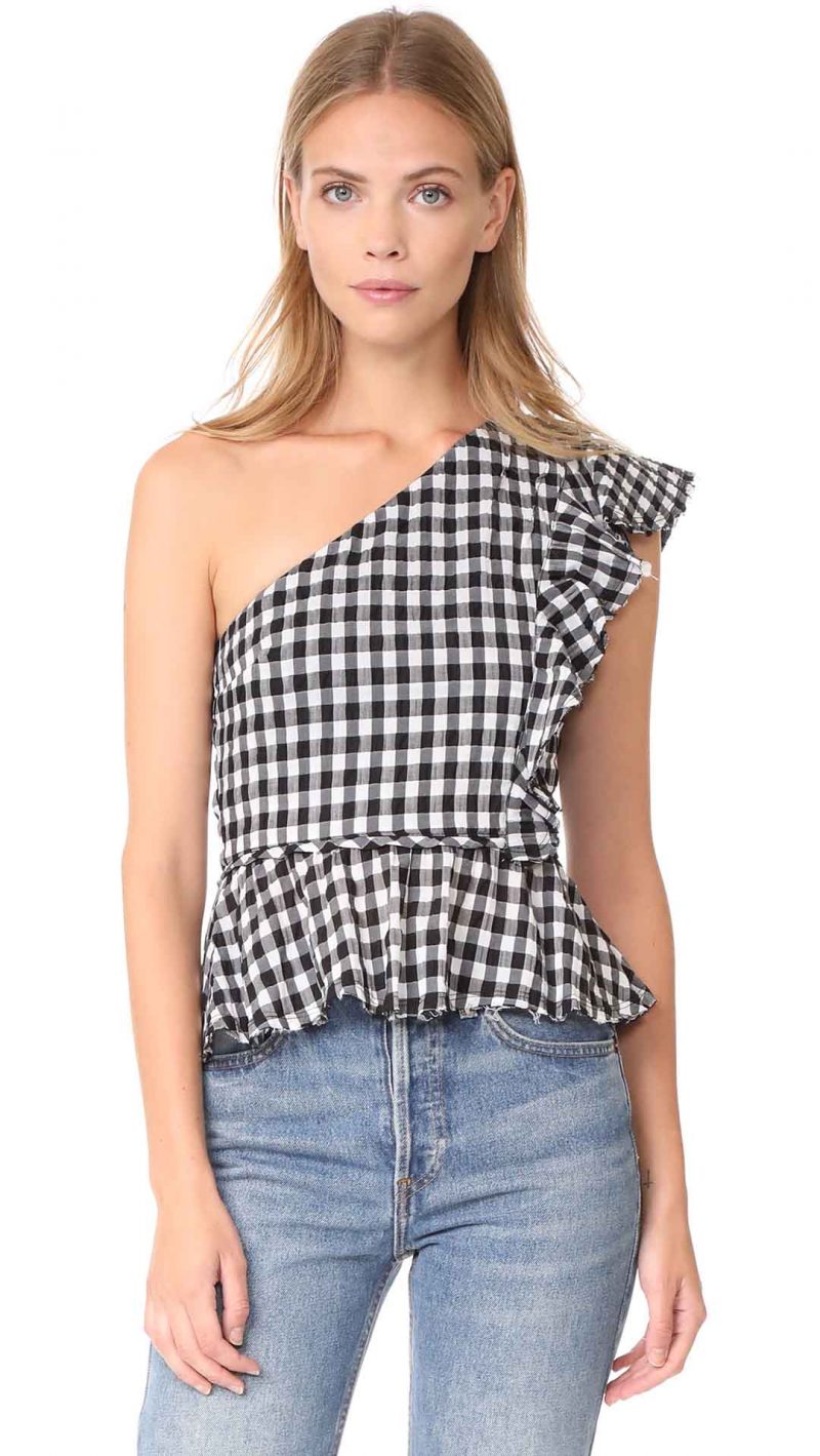 McGuire Denim Lusso One Shoulder Peplum Top Black Gingham checks 