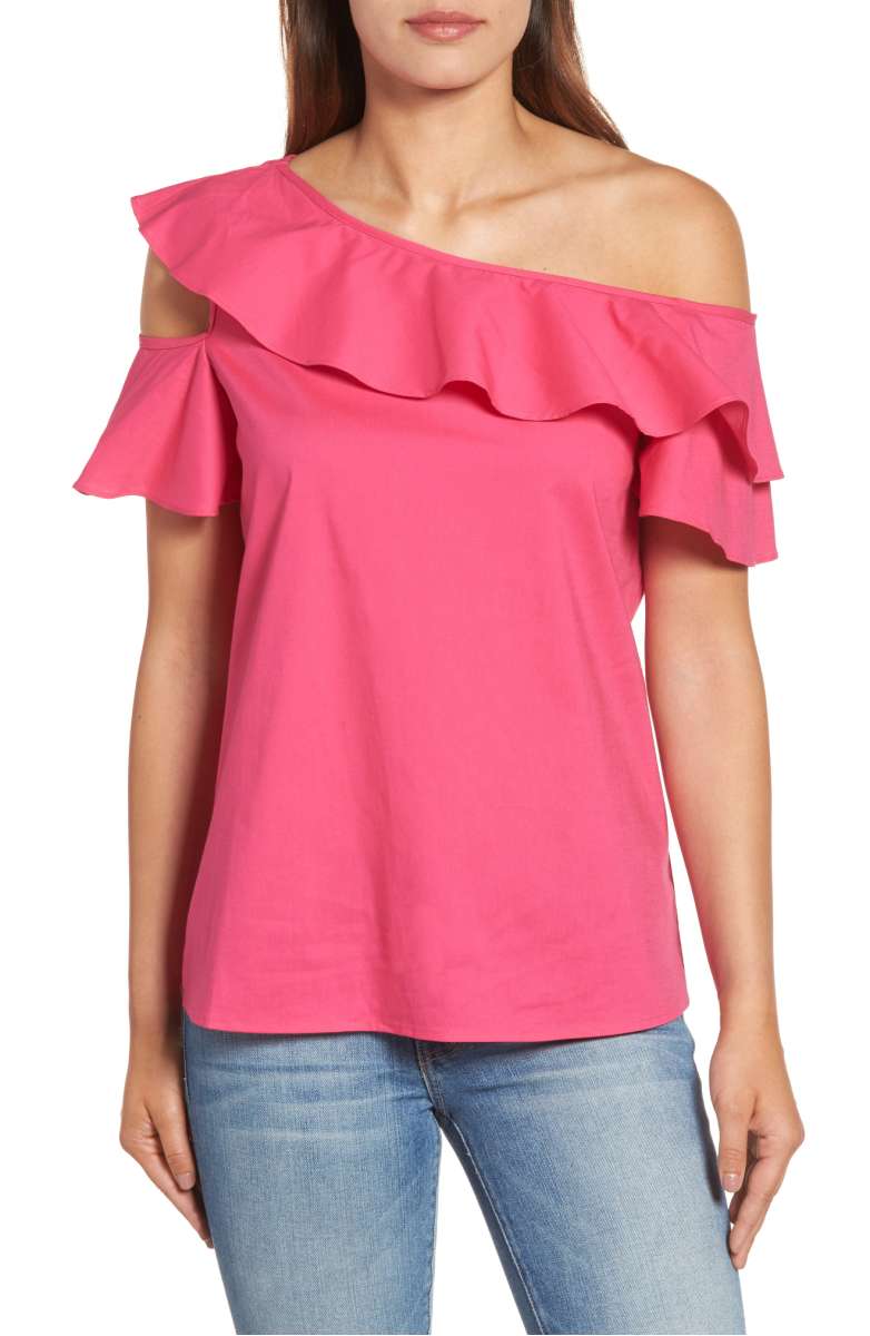 PLEIONE Ruffle One-Shoulder Top Hot Pink one shoulder tops summer 2017
