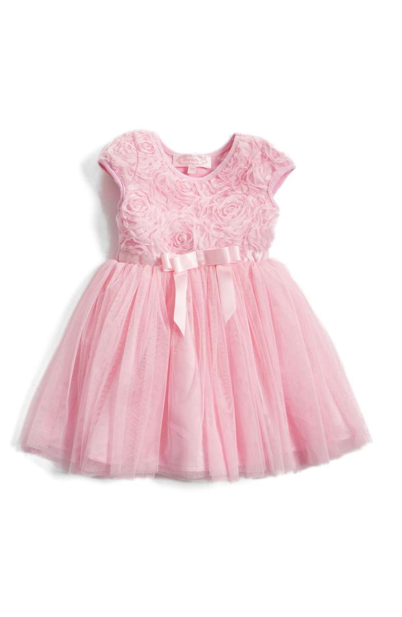 POPATU Short Sleeve Tulle Dress Pink Floral Embellishments baby girls dresses under 50 dollars 