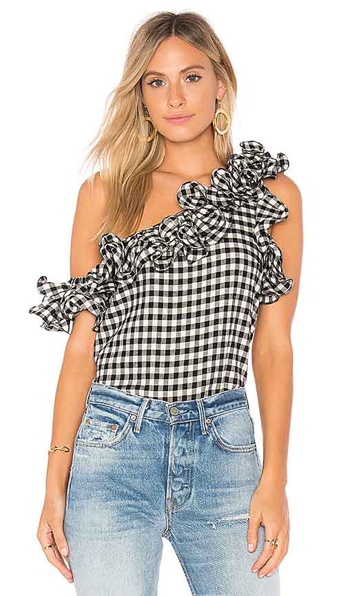 Petersyn X REVOLVE ARABELLA TOP Black Regent Gingham one shoulder tops summer 2017