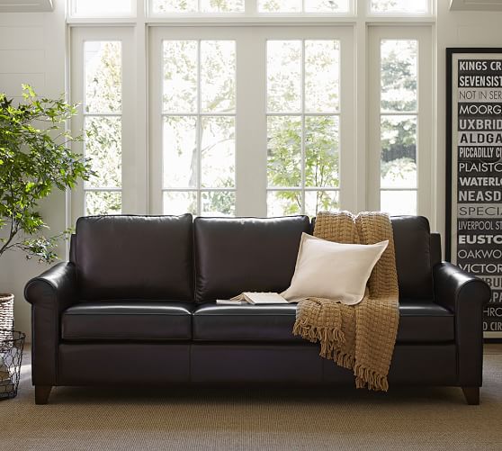 Pottery Barn CAMERON ROLL ARM LEATHER SOFA espresso pottery barn premier sale