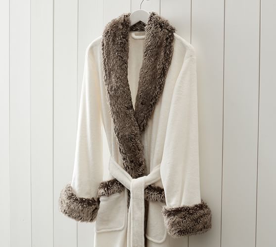 Pottery Barn FAUX FUR ROBE WITHOUT HOOD - IVORY/GRAY pottery barn premier sale