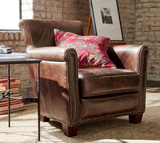 Pottery Barn IRVING LEATHER ARMCHAIR WITH NAILHEADS pottery barn buy more save more sale labor day