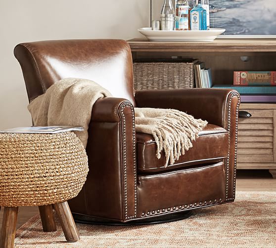 Pottery Barn IRVING LEATHER SWIVEL ARMCHAIR WITH NAILHEADS Bourbon pottery barn buy more save more sale labor day weekend