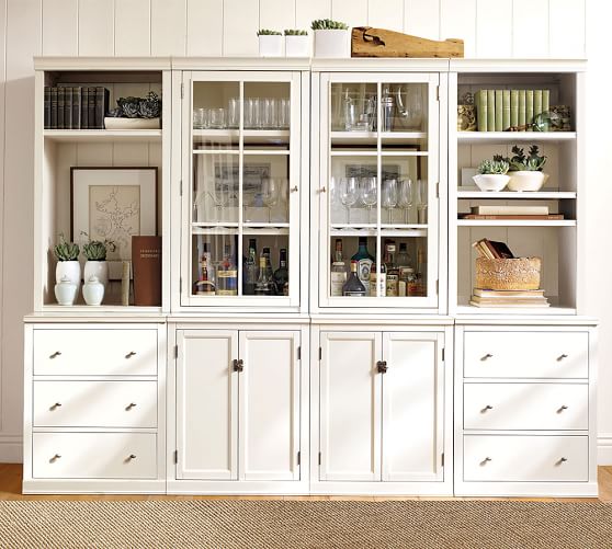 Pottery Barn LOGAN GLASS TOWER WALL SUITE, ANTIQUE WHITE premier sale antique white mahogany hewn oak 