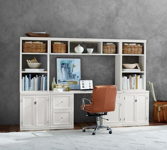 Pottery Barn LOGAN SMALL OFFICE SUITE WITH CABINET DOORS & BRIDGE, ANTIQUE WHITE pottery barn premier sale