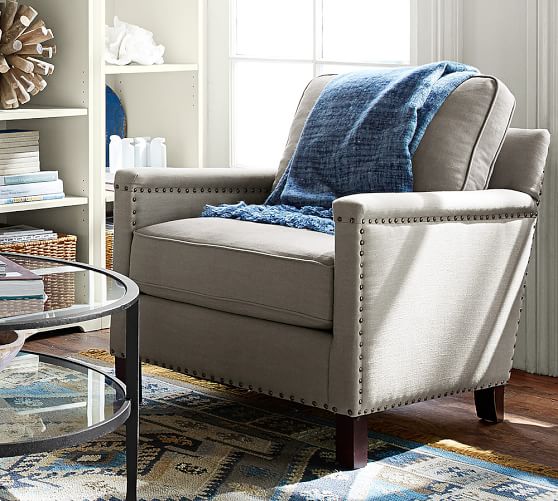 Pottery Barn TYLER UPHOLSTERED ARMCHAIR Linen Oatmeal nailhead trim pottery barn mega sale