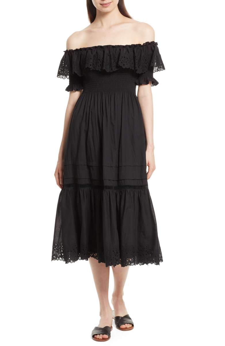 REBECCA TAYLOR Off the Shoulder Eyelet Midi Dress Black ruffle off the shoulder dresses summer 2017