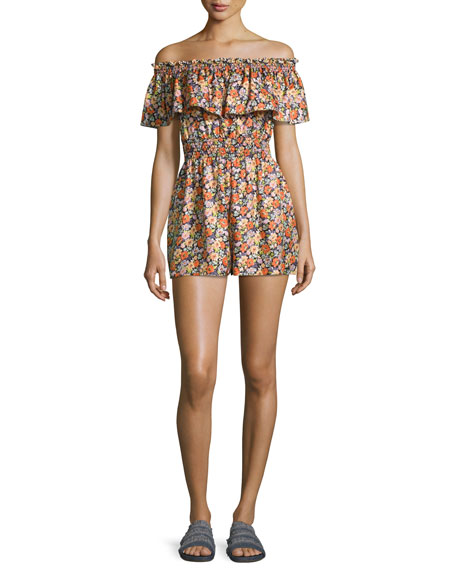 Rebecca Taylor Moonlight Off-the-Shoulder Floral Romper, Orange-Purple 