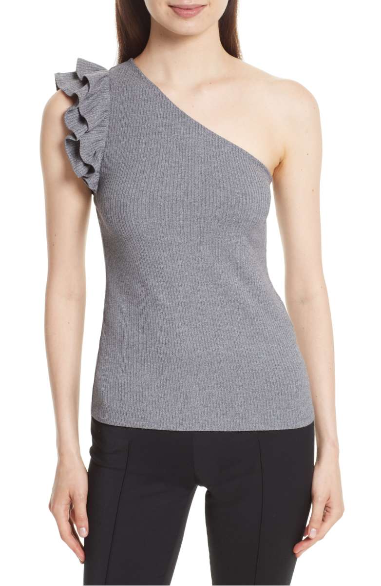 Rebecca Taylor Ribbed Jersey One-Shoulder Top Grey Melange summer 2017 one shoulder tops
