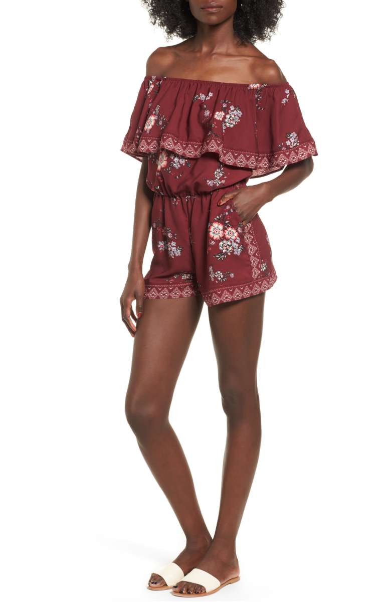 SOCIALITE Ruffle Off the Shoulder Romper Burgundy Border Print
