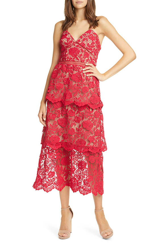 Self-Portrait Floral Lace Tiered Midi Dress Fuchsia wedding guest dresses