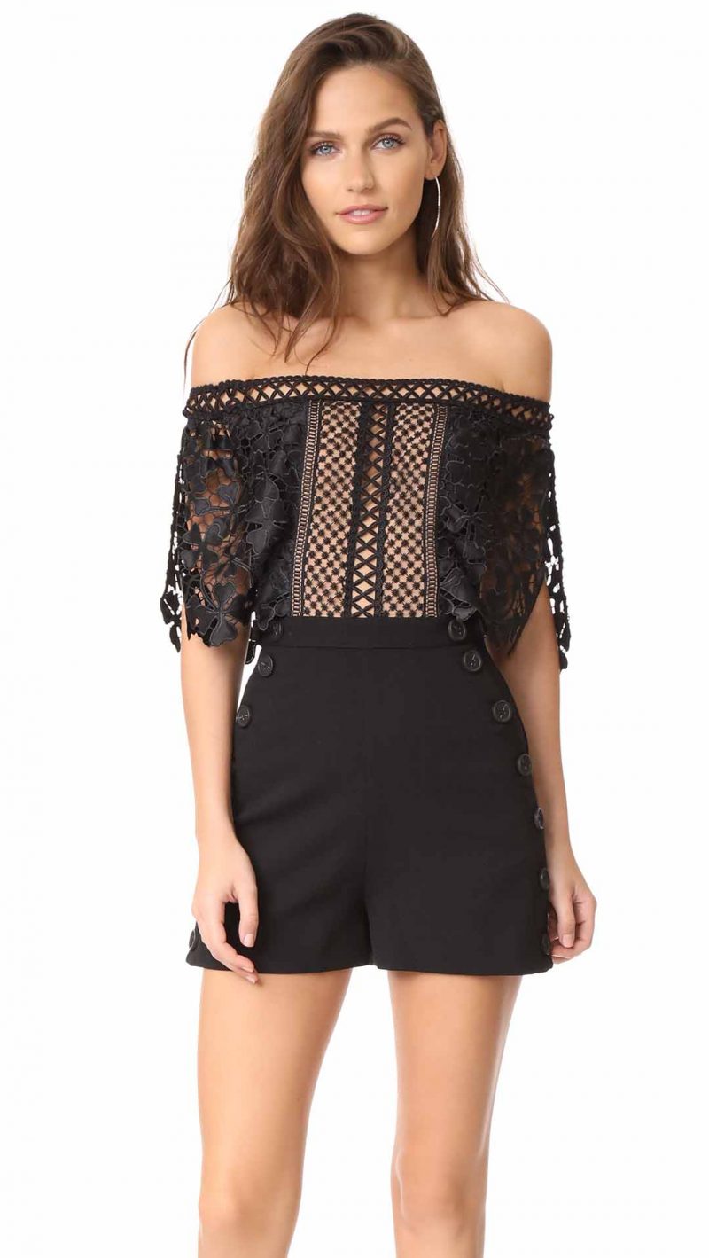 Self Portrait Off Shoulder Romper Black Lace off the shoulder rompers summer fall 2017