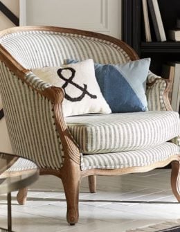 THE EMILY & MERITT BERGERE UPHOLSTERED ARMCHAIR Ticking pottery barn collection fall 2017