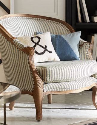 THE EMILY & MERITT BERGERE UPHOLSTERED ARMCHAIR Ticking pottery barn collection fall 2017