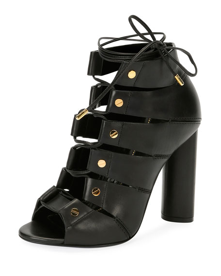 TOM FORD Lace-Up Leather Open-Toe 105mm Bootie, Black open toe booties