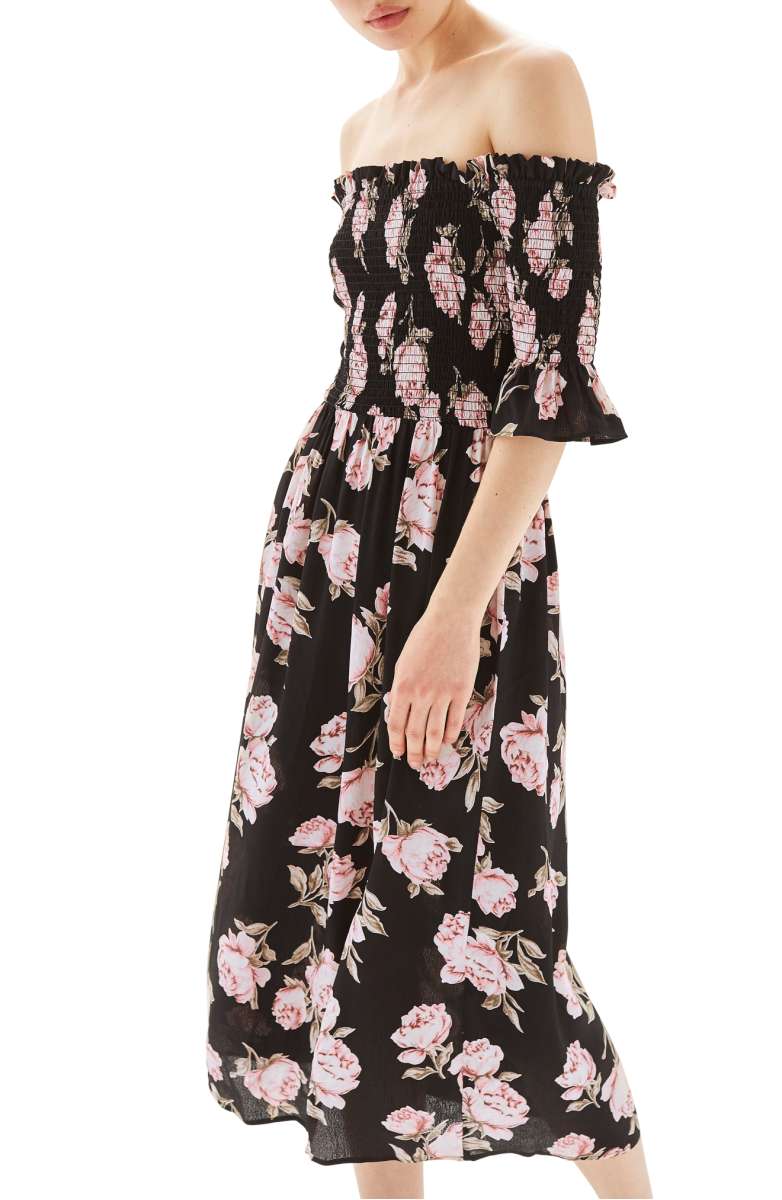 TOPSHOP Bardot Rose Midi Dress Black Multi ruffle off the shoulder dresses summer 2017