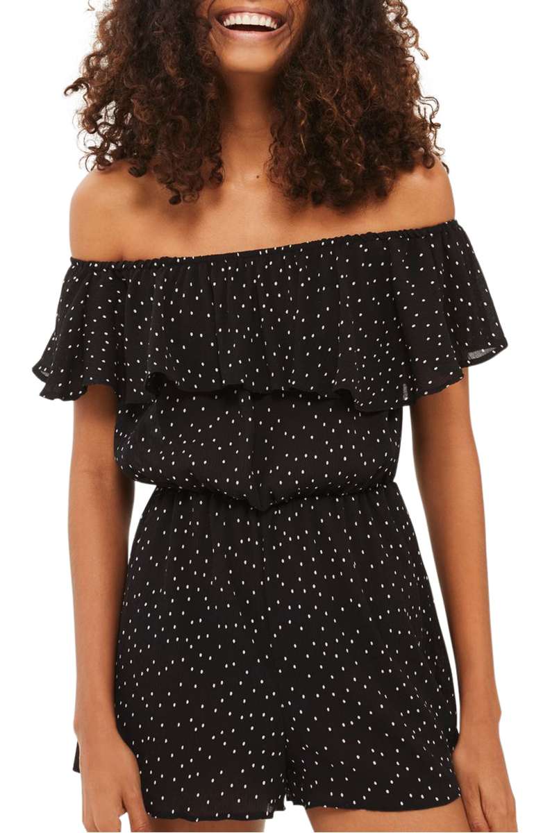 TOPSHOP Dotty Off the Shoulder Romper Black Multi