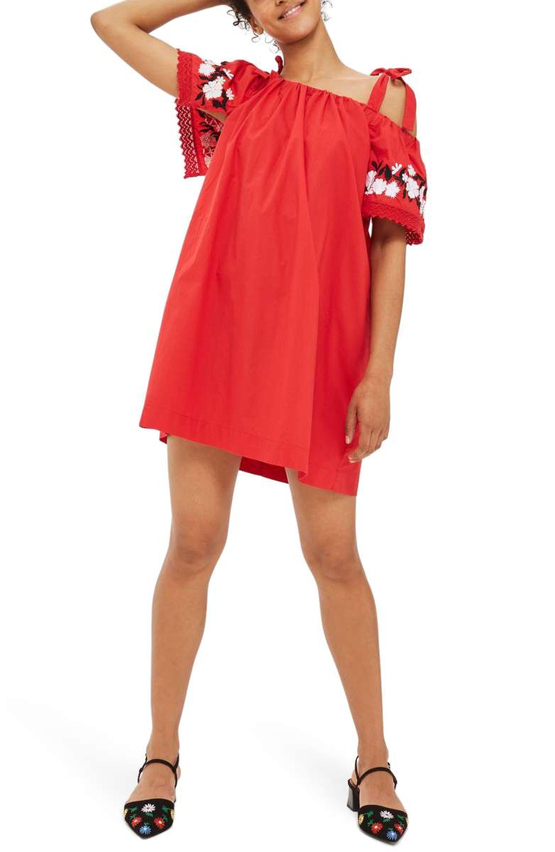 TOPSHOP Embroidered Cold Shoulder Dress Red Multi embroidered sundresses summer 2017