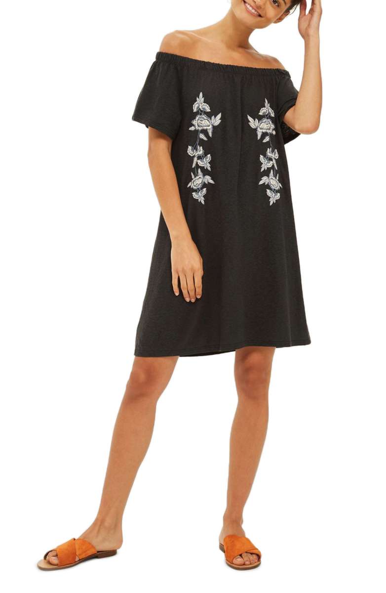 TOPSHOP Embroidered Off the Shoulder Dress Washed Black multi embroidered sundresses summer 2017