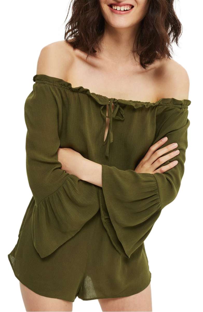 Topshop Flute Sleeve Off the Shoulder Romper Olive Green
